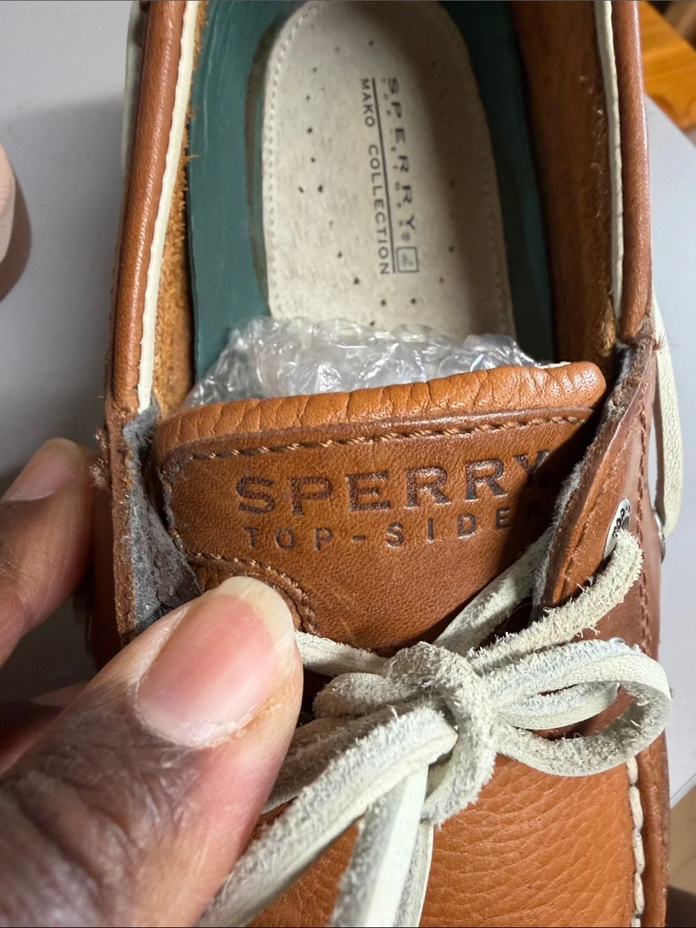 Sperry Cognac Brown Leather Boat Shoes with Cream Laces